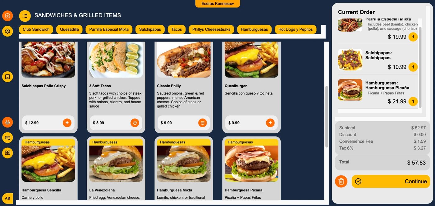 Chipple point-of-sale menu screen in a franchised unit showing the master menu items, prices and the current order