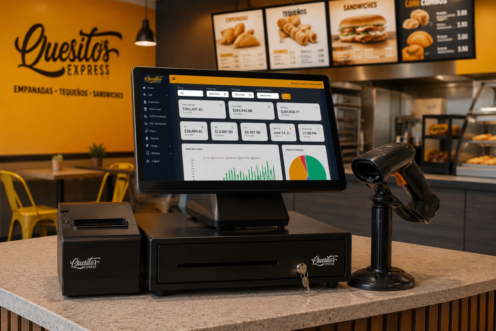 Chipple POS terminal running the franchise dashboard at a Quesito's Express store